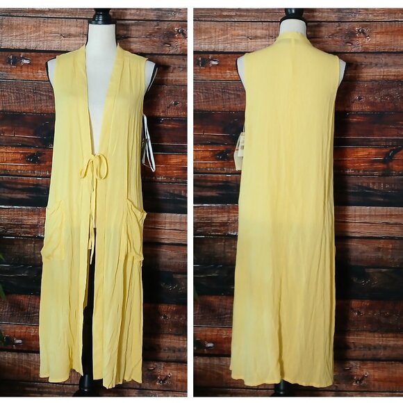 NWT Nina Leonard Maxi Duster Vest Small Canary Yellow Rayon Crepe Boho Flowy - Picture 2 of 9